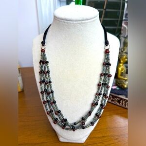 Boho Multi-Strand Glass Seed Bead Necklace–Black & Burgundy – Wood Button Clasp